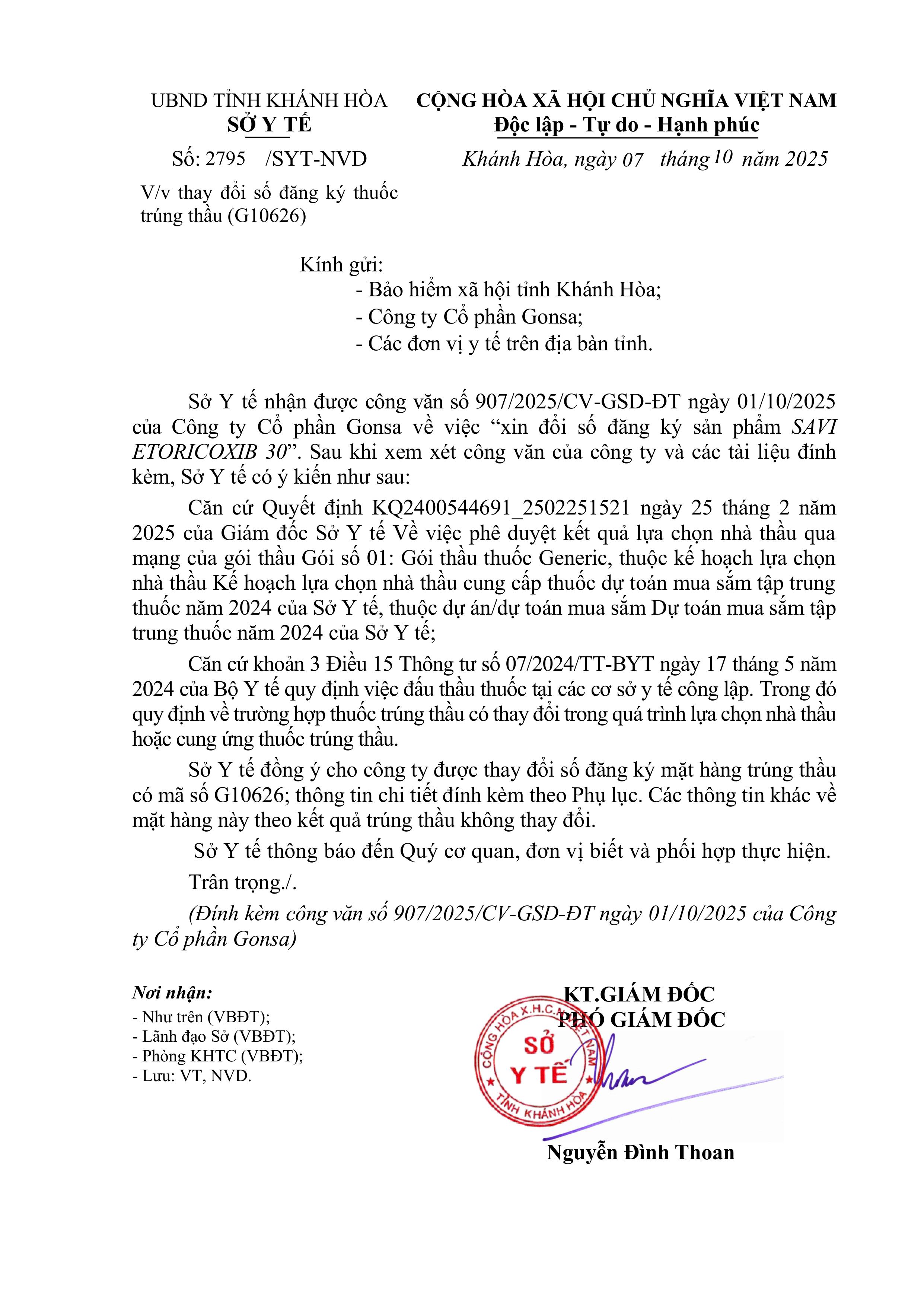 V/v thay đổi số đăng ký thuốc trúng thầu (G10626)